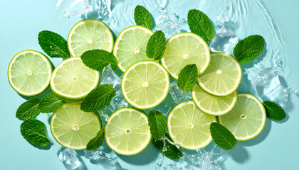 Limes with mint, ice, and aqua background.