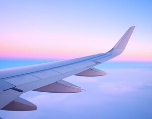 Obraz premium Airplane Wing Over Pastel Sunrise Clouds