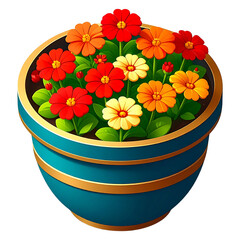 Vibrant colorful blooming flowers in a decorative teal pot isolated on white background