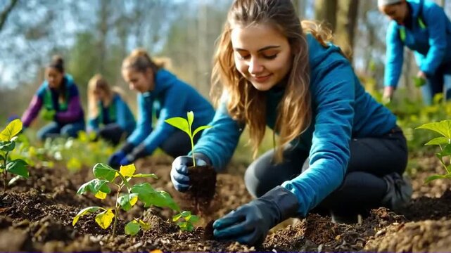 Young women planting saplings in a forest