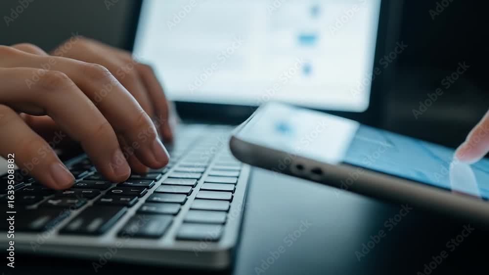 Poster close-up of hands typing on laptop and using smartphone for multitasking