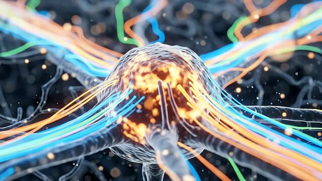 Microscopic view of a cancerous cell, illuminated with glowing neural pathways.