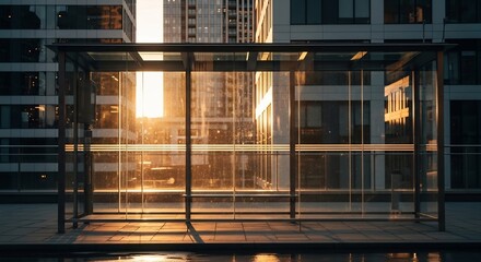 Obraz premium Modern glass bus stop shelter in an urban city environment during golden hour sunlight