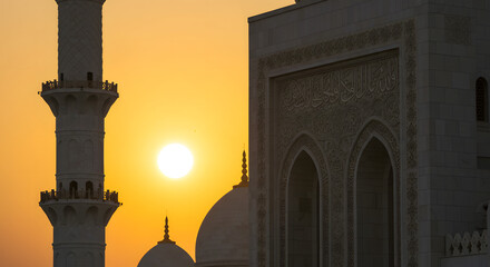 Sunset sun behind mosque silhouette