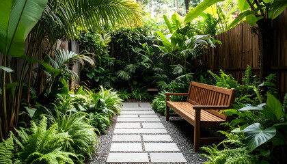 Obraz premium Tropical Garden Path with Bench, and Peace.