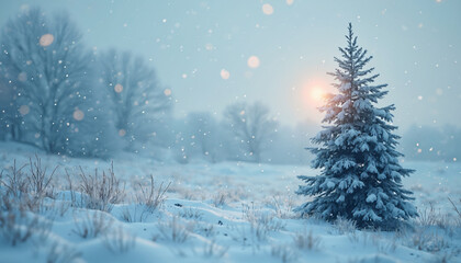 Fototapeta premium Snowy Field with Fir Tree