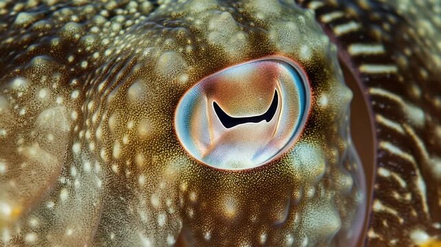 Close-up view of a cuttlefish eye, showcasing intricate patterns and textures.