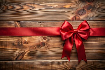 Shiny red ribbon bow on a rustic wooden background