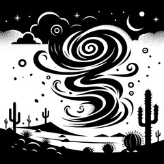 Black and White Vector Silhouette of Sandstorm in Desert