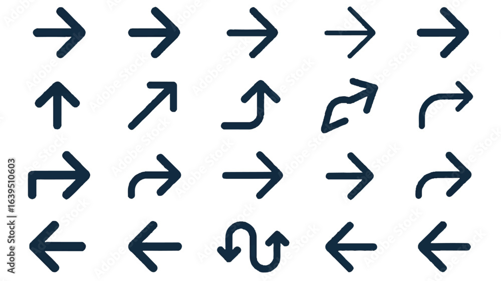 Poster a collection of 20 minimalist arrow symbols arranged in a grid pattern on a white background.
