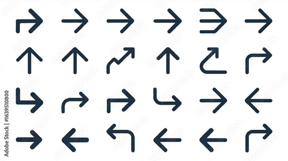 Poster a collection of 20 minimalist arrow symbols arranged in a grid pattern on a white background.