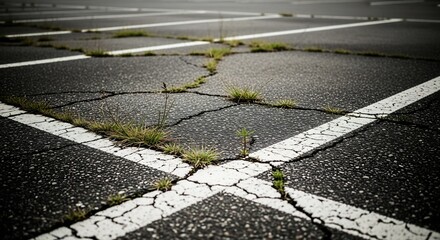 Cracked asphalt parking lot with weeds growing through the surface and white painted lines