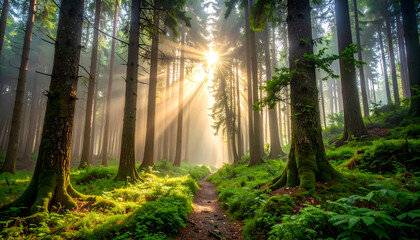 Sunbeams in Misty Forest Path.