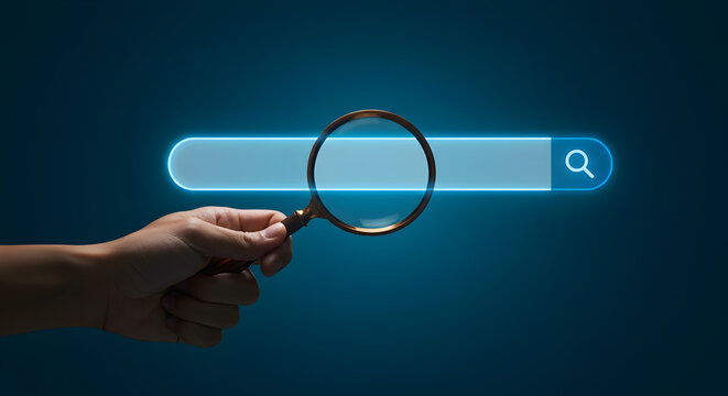 Researching information online with a magnifying glass. A hand holds a lens over a blank internet search box, representing a query, data exploration, and finding answers on a website.