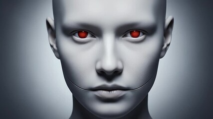 Close-up of a pale, bald female face with intense red eyes and a stitched mouth. - Powered by Adobe
