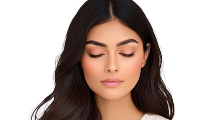 Fototapeta premium Close up portrait of a serene woman with closed eyes dark hair and subtle makeup isolate
