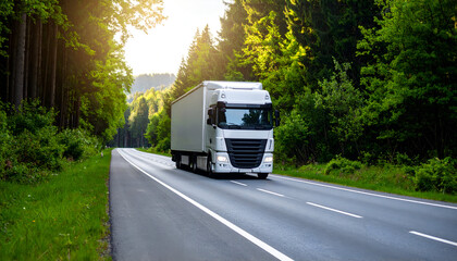Obraz premium White Truck on Forest Road.