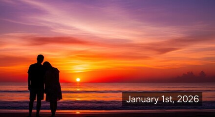Fototapeta premium Romantic Couple Silhouetted Against a Vibrant Beach Sunset on January First Twenty Twenty Six