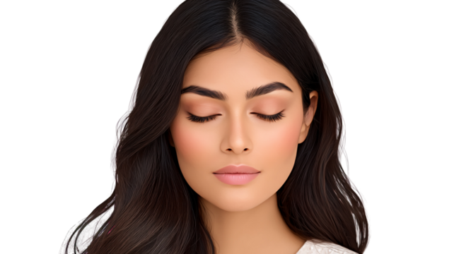 Close up portrait of a serene woman with closed eyes dark hair and subtle makeup isolate
