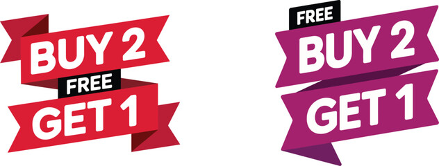 Buy 2 get 1 free ribbon banner set, special offer discount tag vector for retail sale promotion