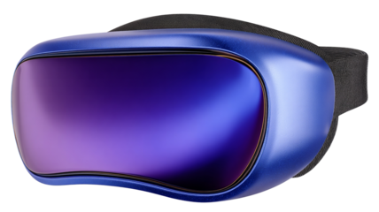 Blue futuristic VR headset with purple lenses and black strap virtual reality transparent background