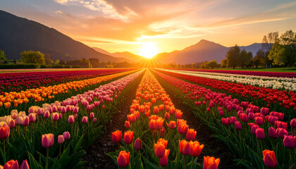 Sunset over colorful tulip fields.
