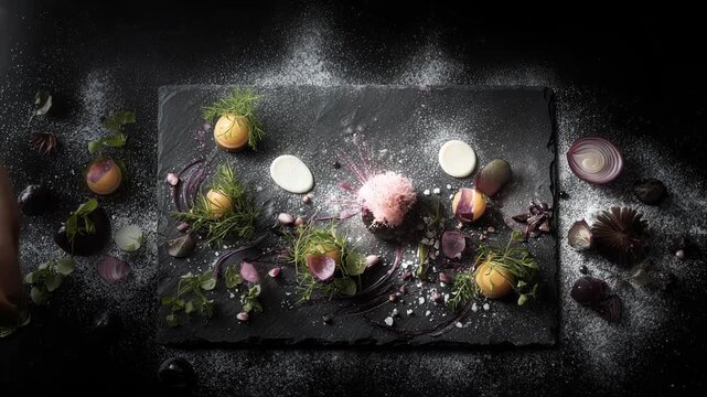 Expert hands meticulously arrange an exquisite dish featuring fresh herbs, vibrant vegetables, and delicate garnishes. Each element is thoughtfully placed to create a stunning culinary masterpiece.