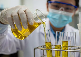 Scientist pouring yellow liquid into a test tube in a lab. A researcher in a lab coat and safety goggles conducts an experiment, representing chemical analysis, medical testing, or biofuel development
