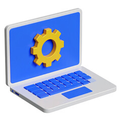 Modern 3d rendered laptop displaying a yellow gear symbol on a blue screen isolated on white background