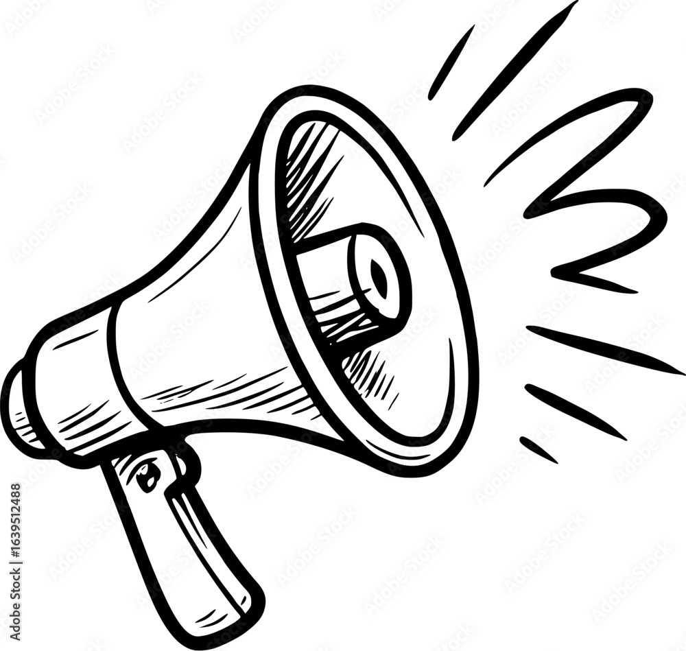 Poster megaphone with sound sketch. loud expressive line art, isolated vector drawing.