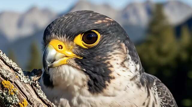 Close-up of a Peregrine Falcon's head and upper body perched on a branch, against a blurred backdrop of mountains.