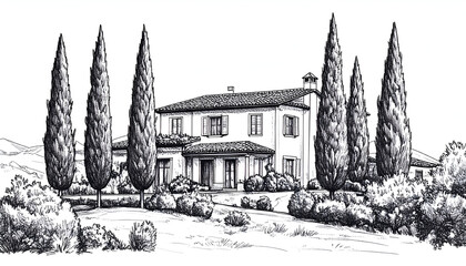 Tuscan Villa with Cypress Trees, and Italy.
