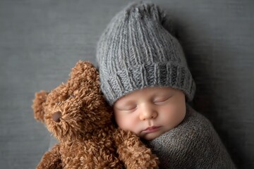 Sleeping baby in gray knit hat holding a brown teddy bear.