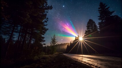 Magical night landscape with a vibrant rainbow colored light beam piercing the starry sky above a dark forest road
