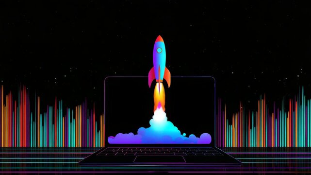 Colorful Rocket Launching from Laptop Screen, Symbolizing Innovation and Technology with Abstract Sound Waves in Vibrant Digital Universe