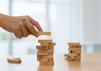 Hand placing a wooden block on a tower. A person carefully builds a tower, representing business strategy, risk management, and planning. The concept illustrates growth, fragile foundations, and skill