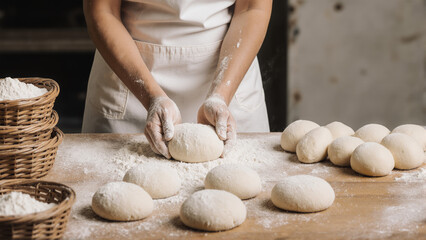 woman hands kneading dough on table