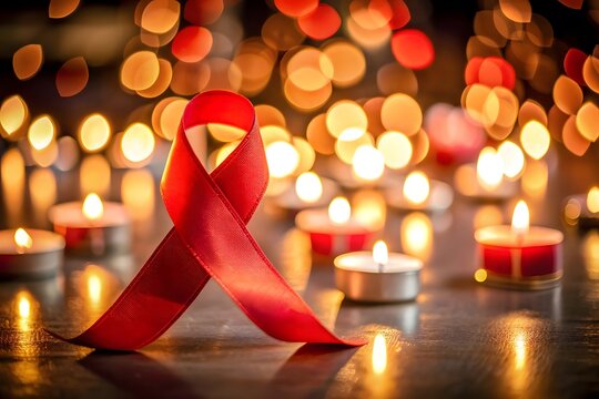 Red ribbon and candles with bokeh lights for aids awareness