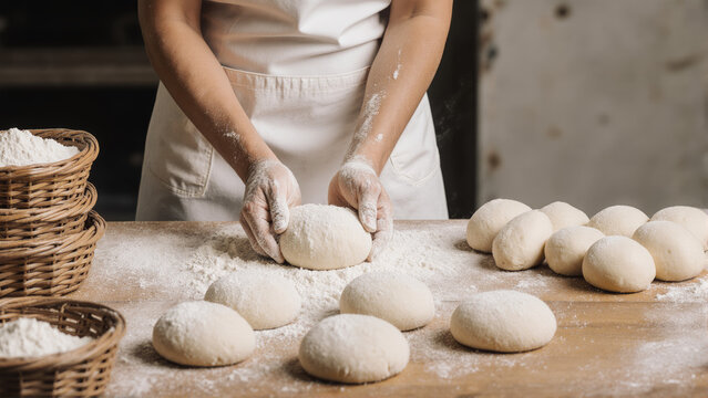 woman hands kneading dough on table