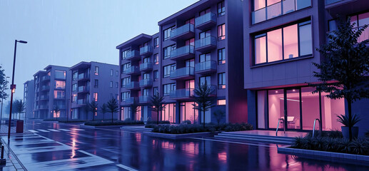 Modern apartment buildings reflecting on wet pavement during a calm evening.