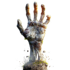 Fototapeta premium Zombie hand rising from ground with cracked skin and moss growing on it in spooky scene