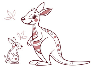 Cute cartoon kangaroo mom and joey in a playful setting. A cheerful cartoon illustration of a kangaroo mother and her joey. kangaroo, joey, mother and baby, cartoon, children's, illustration, cute, an
