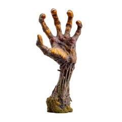 Zombie hand is rising from ground with decayed skin and eerie, claw like appearance evoking fear and horror