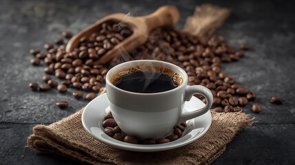 Fototapeta premium Aromatic cup of black coffee with roasted beans and a wooden scoop on a burlap surface