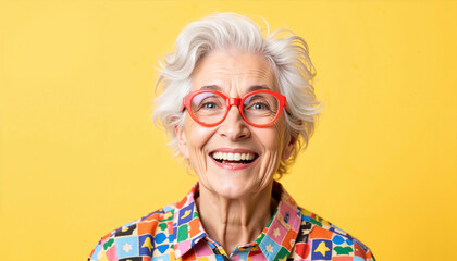Elderly woman smiling with glasses in colorful patterned shirt on yellow