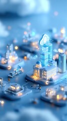 Obraz premium A futuristic cityscape with illuminated buildings and cloud technology, showcasing a digital urban environment in blue tones.