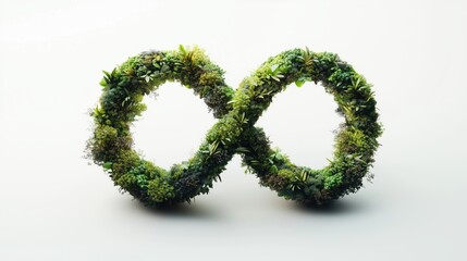3D infinity symbol made of green foliage, plants, and trees on a white background