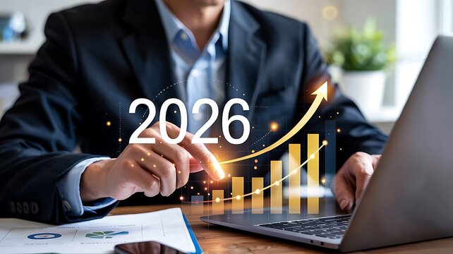 Businessman analyzing upward trending financial growth chart with year 2026 overlay indicating future business success and economic prosperity