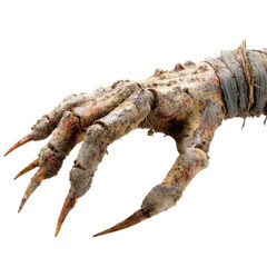 Zombie hand rising with sharp claws and decayed skin showing horror and fear in dark atmosphere