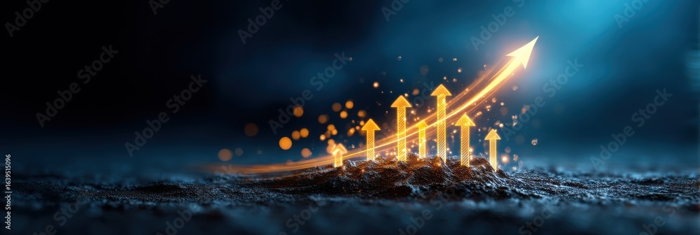 Poster a digital representation of upward movement indicated by glowing arrows and particles, symbolizing g